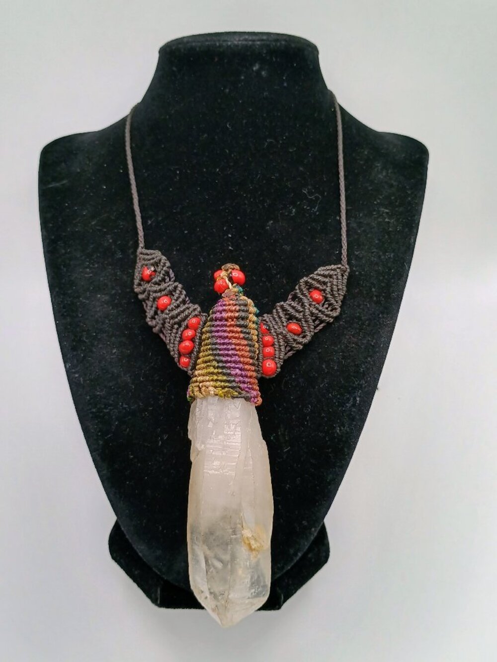 Handmade Macrame Necklace with Natural Crystal Quartz and Huayruro Seeds
